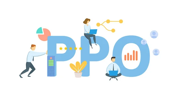 PPO, Preferred Provider Organization. 키워드, 사람, 아이콘에 대한 개념입니다. 플랫 벡터 일러스트. 백인들에게 고립됨. — 스톡 벡터