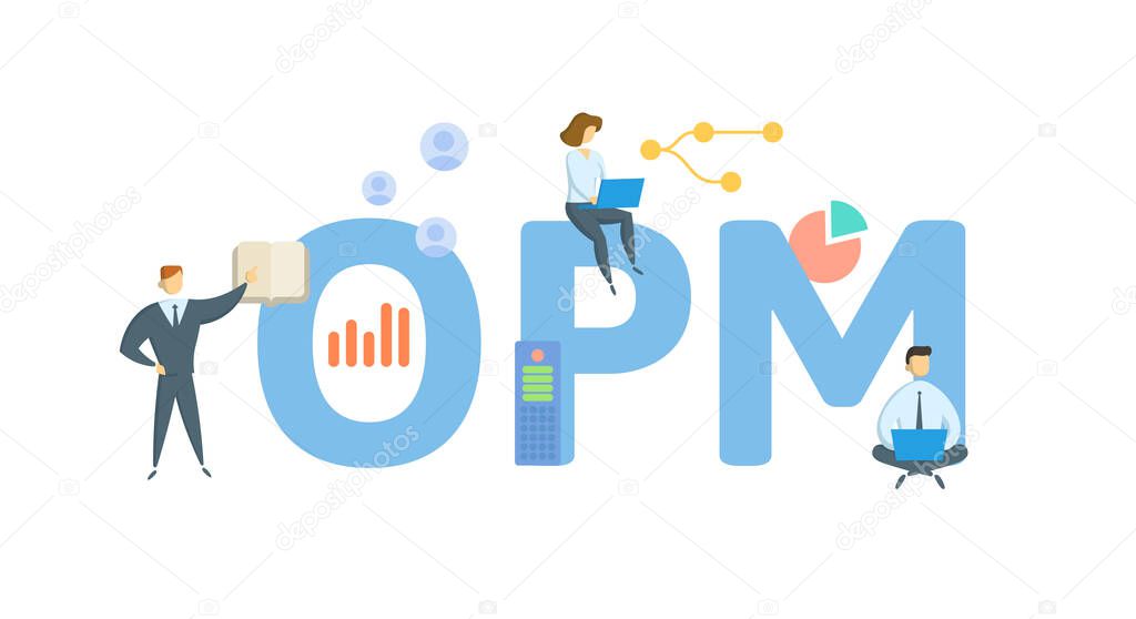 OPM, Other Peoples Money. Concept with keyword, people and icons. Flat vector illustration. Isolated on white.