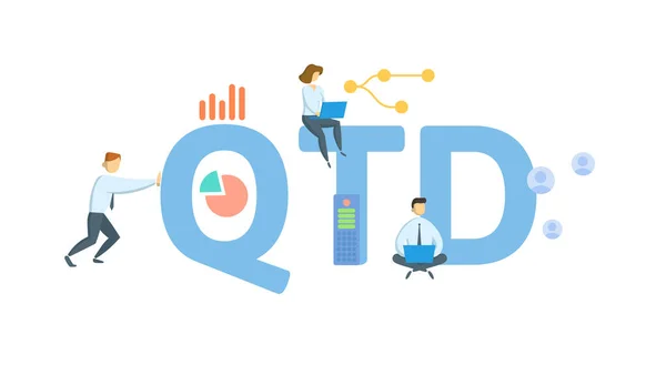 QTD, Quarter-to-Date.概念与关键词，人和图标。平面矢量图解。与白种人隔离. — 图库矢量图片