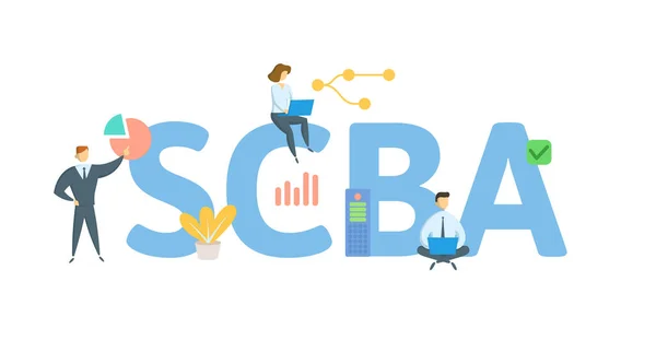 SCBA, Social Cost Benefit Analysis. Concepto con palabras clave, personas e iconos. Ilustración vectorial plana. Aislado sobre blanco. — Vector de stock