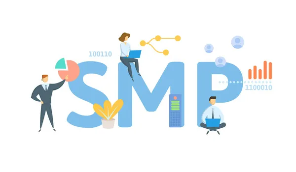 SMP, Social Media Platform. Concepto con palabras clave, personas e iconos. Ilustración vectorial plana. Aislado sobre blanco. — Vector de stock