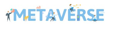 Metaverse. Anahtar kelime, insanlar ve ikonlar ile kavram. Düz vektör çizimi. Beyazda izole edilmiş.