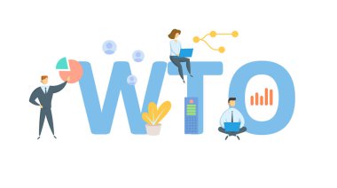 Dünya Ticaret Örgütü 'nden WTO. Anahtar kelime, insanlar ve ikonlar ile kavram. Düz vektör çizimi. Beyazda izole edilmiş.