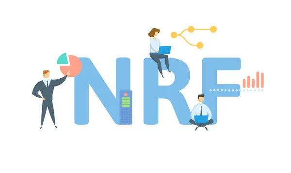 NRF, National Retail Federation. Konzept mit Stichwort, Personen und Symbolen. Flache Vektorabbildung. Isoliert auf Weiß. Vektorgrafiken