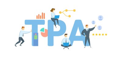 TPA, Üçüncü Parti Yöneticisi. Anahtar kelime, insanlar ve ikonlar ile kavram. Düz vektör çizimi. Beyazda izole edilmiş.