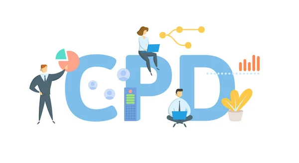 CPD, Desarrollo Profesional Continuo. Concepto con palabras clave, personas e iconos. Ilustración vectorial plana. Aislado sobre blanco. — Vector de stock