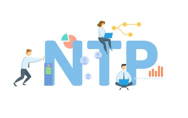 NTP, Şebeke Zaman Protokolü. Anahtar kelime, insanlar ve ikonlar ile kavram. Düz vektör çizimi. Beyazda izole edilmiş.