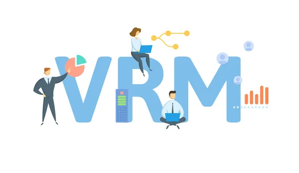 ( 영어 ) VRM, Vendor Relationship Management. 키워드, 사람, 아이콘에 대한 개념입니다. 플랫 벡터 일러스트. 백인들에게 고립됨. — 스톡 벡터