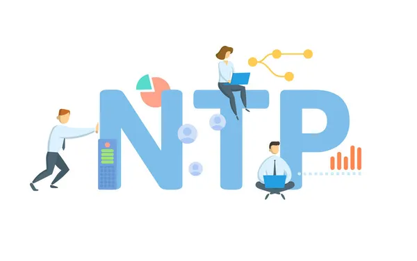 NTP, protocolo de tempo de rede. Conceito com palavra-chave, pessoas e ícones. Ilustração vetorial plana. Isolado em branco. —  Vetores de Stock