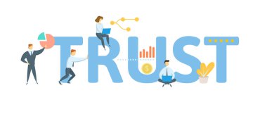 Güven. Anahtar kelime, insanlar ve ikonlar ile kavram. Düz vektör çizimi. Beyazda izole edilmiş.