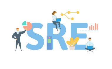 SRE, Site Güvenilirlik Mühendisliği. Anahtar kelime, insanlar ve ikonlar ile kavram. Düz vektör çizimi. Beyazda izole edilmiş.