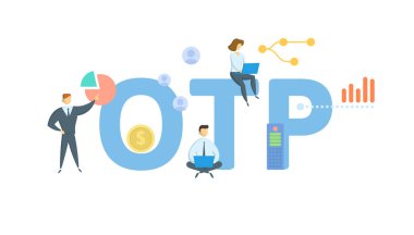 OTP, bir seferlik şifre. Anahtar kelime, insanlar ve ikonlar ile kavram. Düz vektör çizimi. Beyazda izole edilmiş.