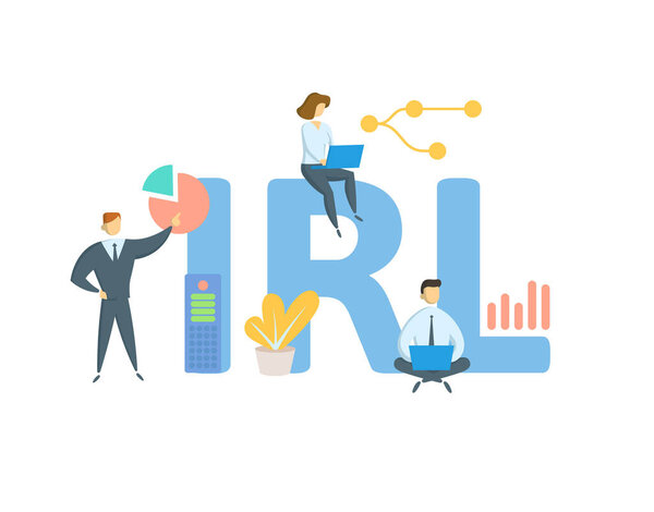 IRL, In Real Life. Concept with keyword, people and icons. Flat vector illustration. Isolated on white.