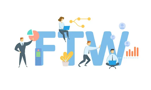 FTW, For The Win. Concepto con palabras clave, personas e iconos. Ilustración vectorial plana. Aislado sobre blanco. — Vector de stock