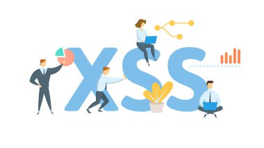 XSS, Kros Senaryo. Anahtar kelime, insanlar ve ikonlar ile kavram. Düz vektör çizimi. Beyazda izole edilmiş.