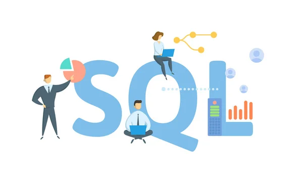 SQL, Structured Query Language. Koncept s klíčovým slovem, lidé a ikony. Plochá vektorová ilustrace. Izolováno na bílém. — Stockový vektor