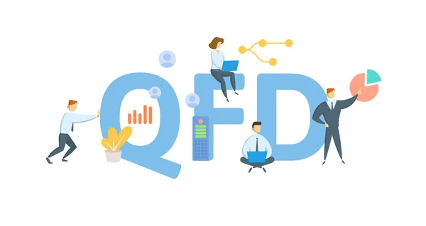QFD, distribution av kvalitetsfunktioner. Begreppet nyckelord, människor och ikoner. Platt vektor illustration. Isolerad på vitt. — Stock vektor