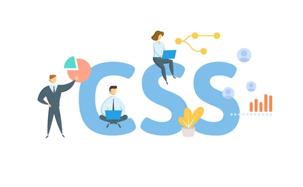 CSS, Cascading Style Sheets. Konzept mit Stichwort, Personen und Symbolen. Flache Vektorabbildung. Isoliert auf Weiß. Stockillustration