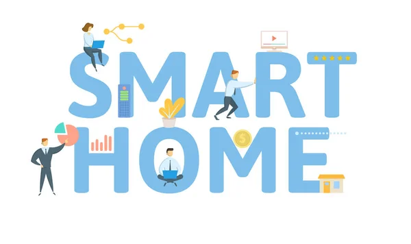 Smart Home. Konzept mit Stichwort, Personen und Symbolen. Flache Vektorabbildung. Isoliert auf Weiß. Stockillustration