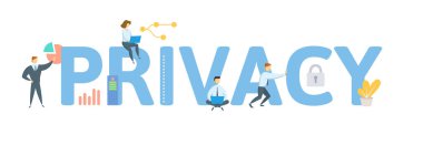 Mahremiyet. Anahtar kelime, insanlar ve ikonlar ile kavram. Düz vektör çizimi. Beyazda izole edilmiş.