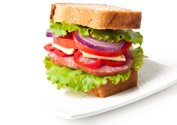 Healthy ham sandwich with cheese, tomatoes and lettuce — Stock Photo, Image