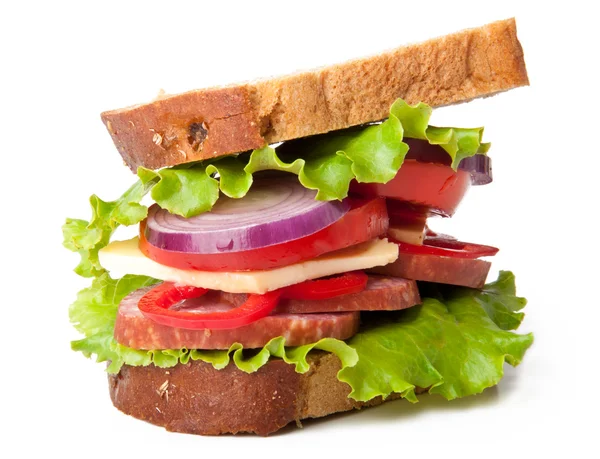 Healthy ham sandwich with cheese, tomatoes and lettuce — Stock Photo, Image