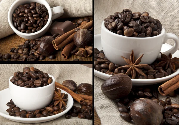 Koffie granen en kruiden collage — Stockfoto
