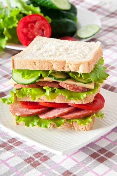 Färska och läckra sandwich på en vit platta — Stockfoto