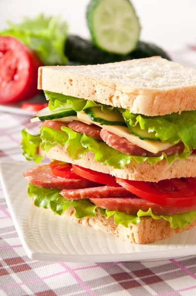 Färska och läckra sandwich på en vit platta — Stockfoto