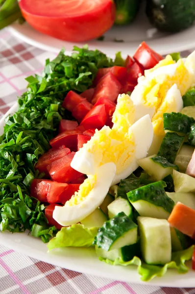Salada fresca com peito de frango, alface, ovos e tomates — Fotografia de Stock