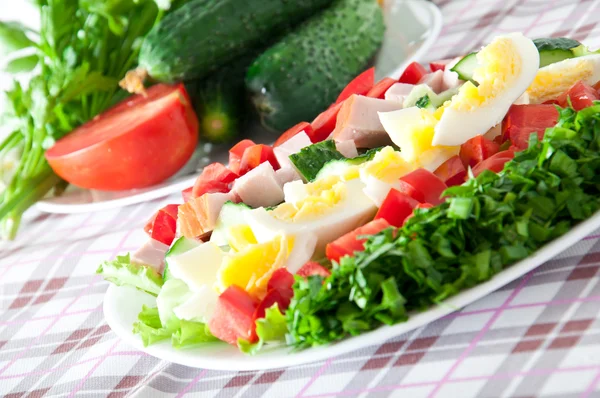 Свежий салат с куриной грудью, салатом, яйцами и помидорами — стоковое фото