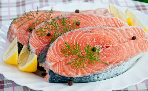 Fresh salmon fillet and lemon slices — Stock Photo, Image