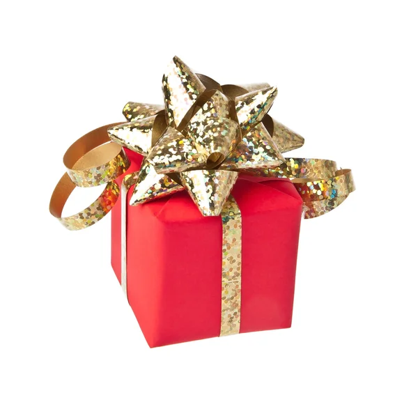 Gift wrapped with golden bow, white background — Stock Photo, Image