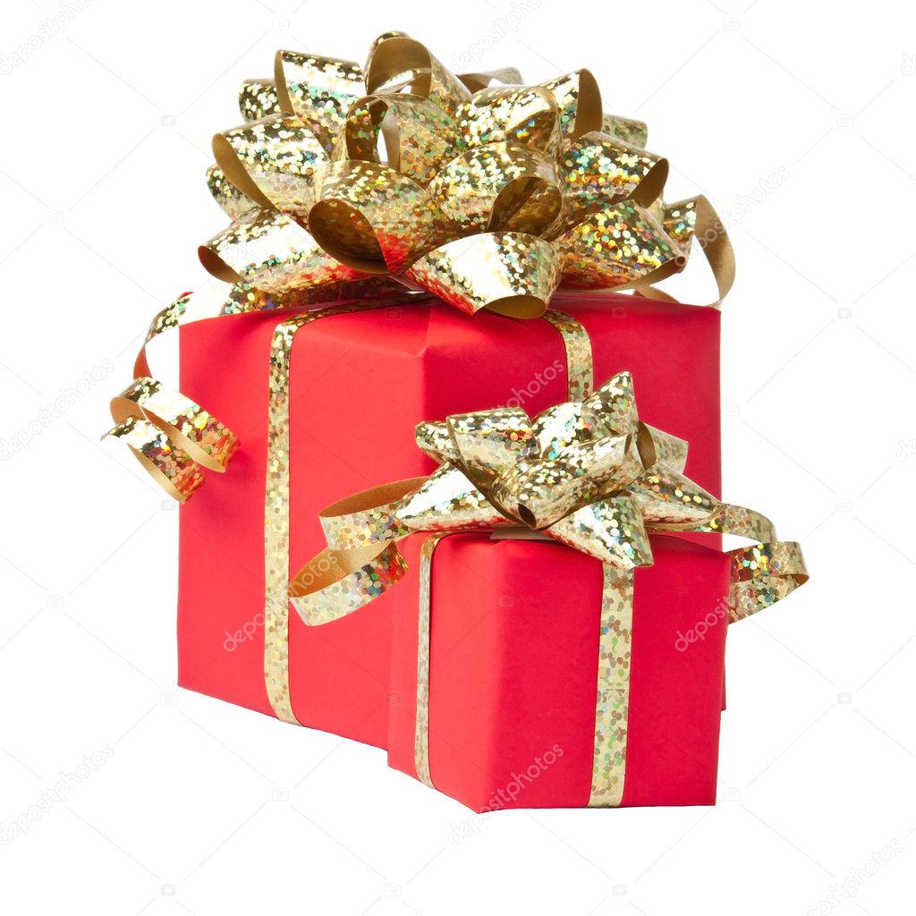 Two gifts wrapped with golden bow, white background