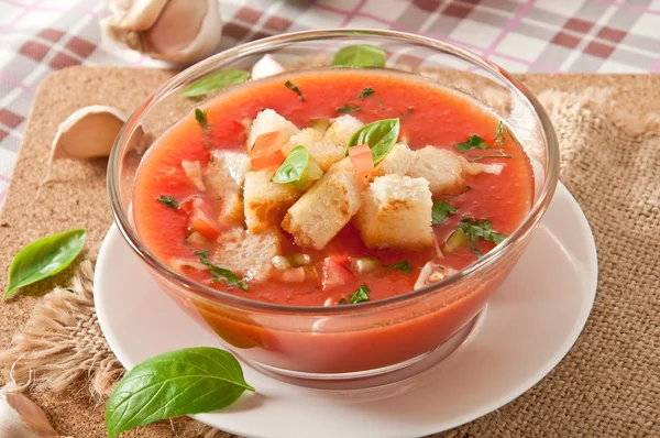 Zimno gazpacho z grzankami czosnek w szklanej misce — Zdjęcie stockowe