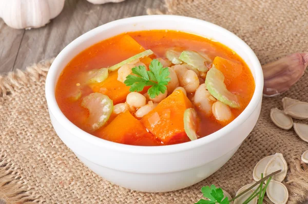 Tomato soup with pumpkin, beans and celery — Stock Photo, Image