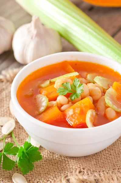 Tomato soup with pumpkin, beans and celery — Stock Photo, Image