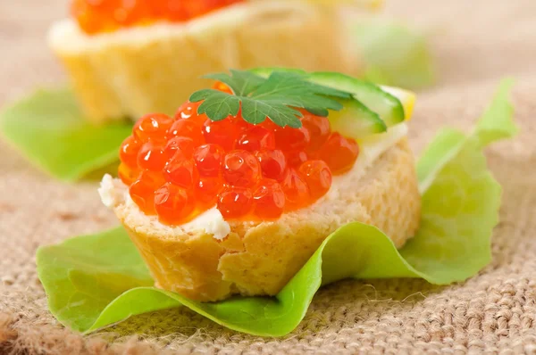 Sandwich with red caviar, butter and cucumber — Stock Photo, Image