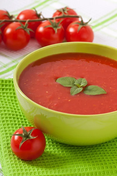 罗勒与传统热新鲜的饮食番茄汤 — 图库照片