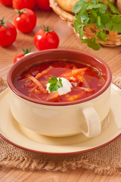 Ukrainian and russian national red soup-borsch closeup — Stock Photo, Image