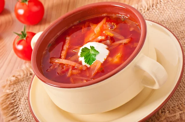Ukrainian and russian national red soup-borsch closeup — Stock Photo, Image