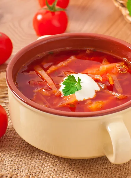 Ucraina e russo nazionale rosso minestra-borsch primo piano — Foto Stock