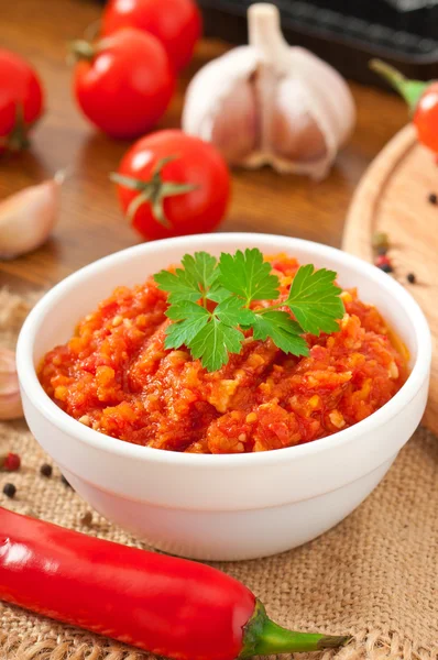 Red hot chili pepper and ingredients for sauce and sauce — Stock Photo, Image