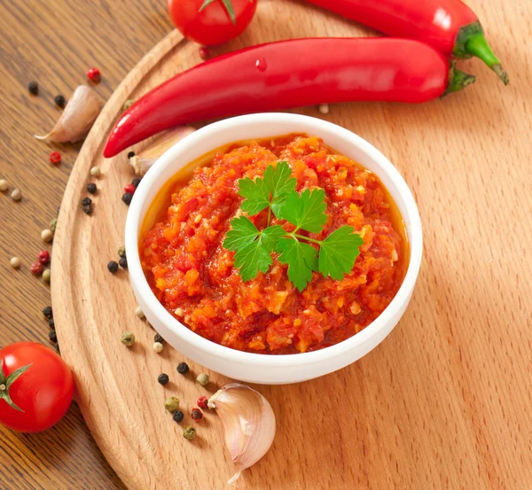 Red hot chili pepper and ingredients for sauce and sauce — Stock Photo, Image