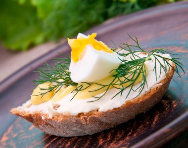 hardal ve peynir soslu ve yumurta ile ekmek dilimi