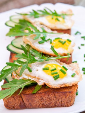 sahanda yumurta, salatalık ve roka tost