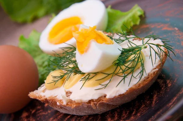 Sneetje brood met mosterd en kaassaus en ei — Stockfoto