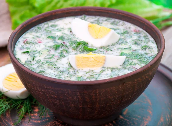 Kalla vegetabiliska kefir soppa med ägg och gröna — Stockfoto