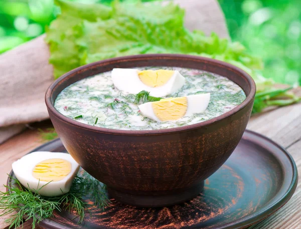 Kalla vegetabiliska kefir soppa med ägg och gröna — Stockfoto