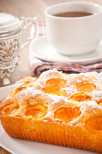 Pastel de esponja con albaricoques espolvoreados con azúcar en polvo — Foto de Stock